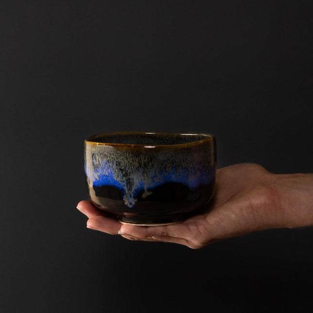 Matcha Tea Bowl 11.5cm Blue Drip on Black.