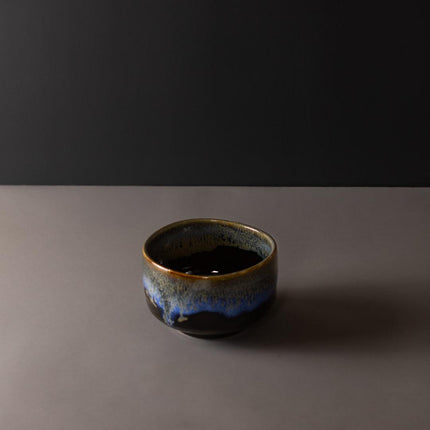 Matcha Tea Bowl 11.5cm Blue Drip on Black.