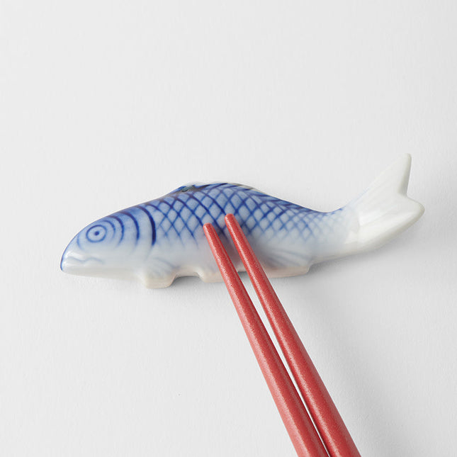 Chopstick Rest Blue Fish White Glaze.