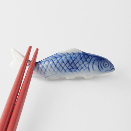 Chopstick Rest Blue Fish White Glaze.