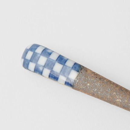 Spoon Small Bisque Indigo Checkerboard.