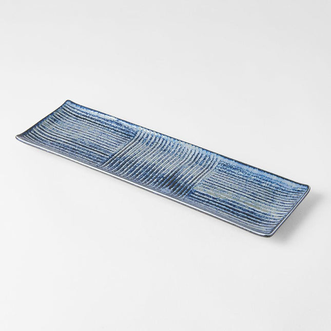 Plate Rectangular 33x10cm Lines Dark Blue Glaze.