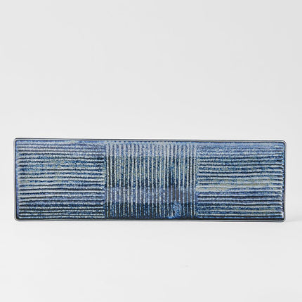 Plate Rectangular 33x10cm Lines Dark Blue Glaze.