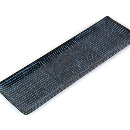 Plate Rectangular 33x10cm Lines Dark Blue Glaze.