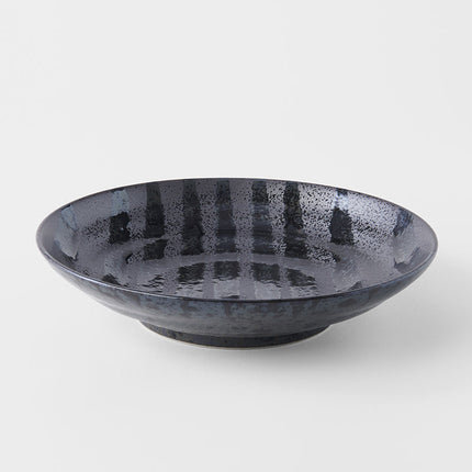Pasta Bowl Flat 23cm Gloss Black Stripes On Gunmetal Black Glaze.