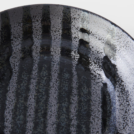 Pasta Bowl Flat 23cm Gloss Black Stripes On Gunmetal Black Glaze.