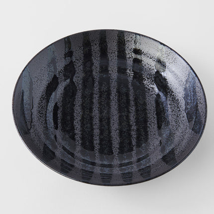 Pasta Bowl Flat 23cm Gloss Black Stripes On Gunmetal Black Glaze.