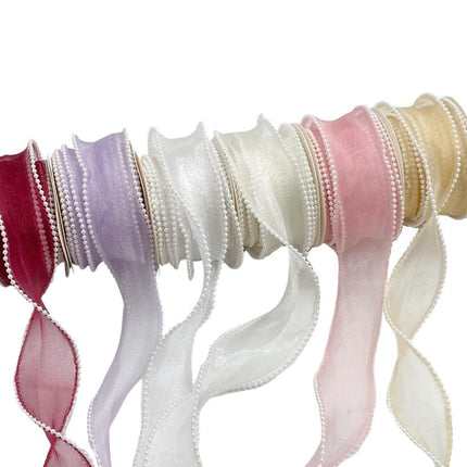 bulk 36 Artificial Pearl Edge Organza Ribbon Assort Wrap 200cm.