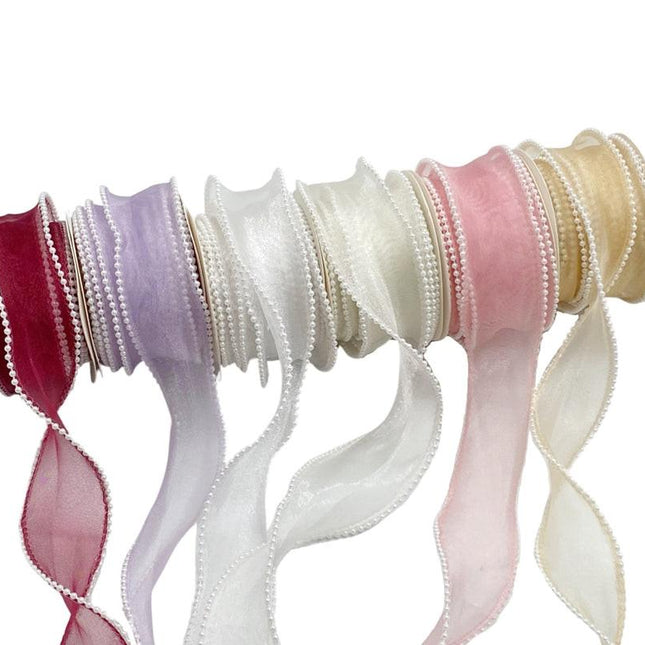 bulk 36 Artificial Pearl Edge Organza Ribbon Assort Wrap 200cm.