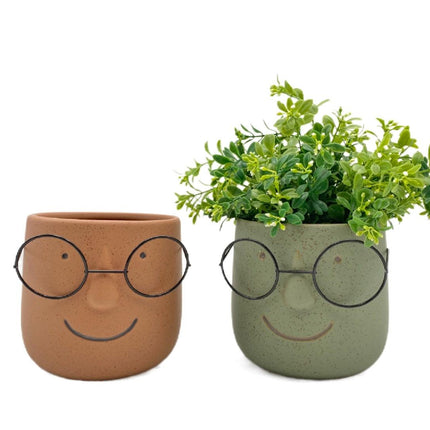 Man w Metal Glasses in Ceramic Pot Planter Assort 13x14cm.