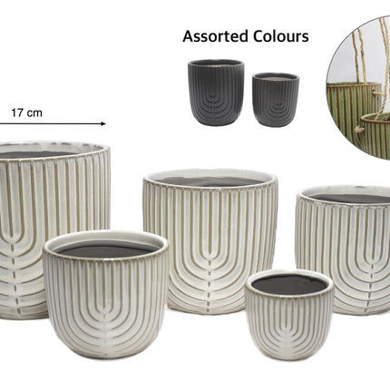 bulk 6 Ripple Ceramic Planter w Hanging Rope Assort 17cm.