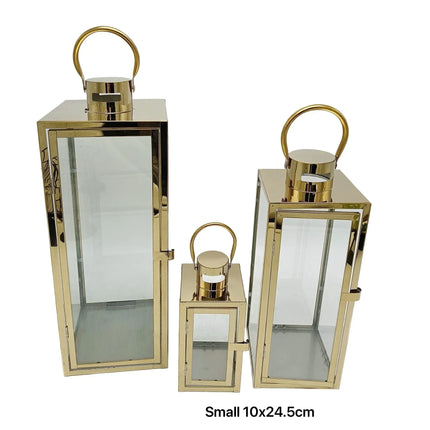 Bulk 8 Small Polish Gold Metal & Glass Lantern 10x24.5cmh