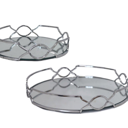 Set 2 Round Silver Mirror Tray 30cm.