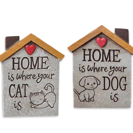 Set 2 Concrete Cat & Dog Homes Signage Assort Garden Statue 15cm.