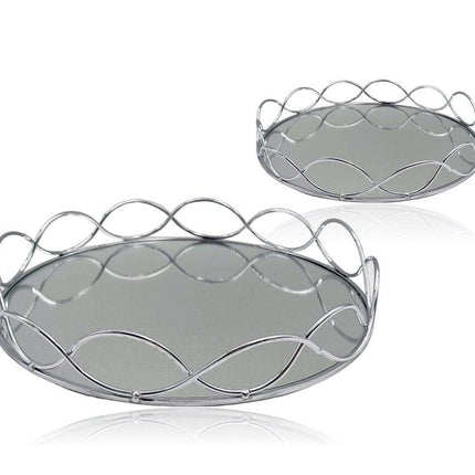 Set 2 Round Silver Mirror Tray 30cm.