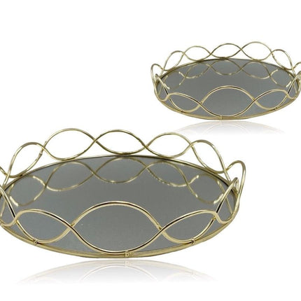 Set 2 Round Gold Mirror Tray 30cm.