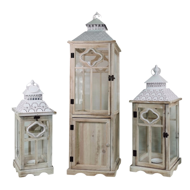 Set 3 Tall Natural Wooden Lantern 117cm.