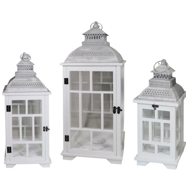 Set 3 White Wooden Lantern w Metal Roof 79cm.