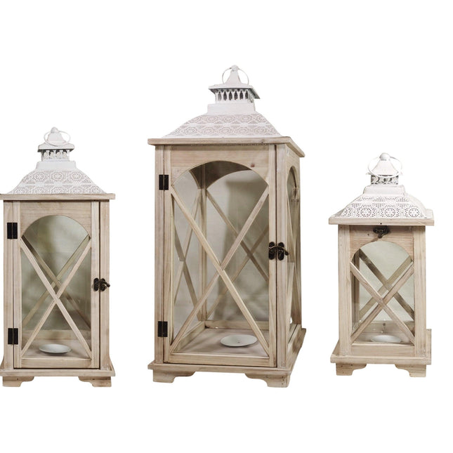 Set 3 Natural Wooden Lantern w White Metal Top 75cm.