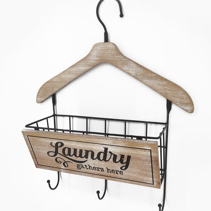 Wooden Laundry Hanger W Basket & 3 Hooks 40x48cm.