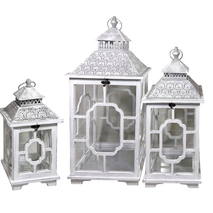 Set 3 Wooden Lantern w Metal Roof 76cm.