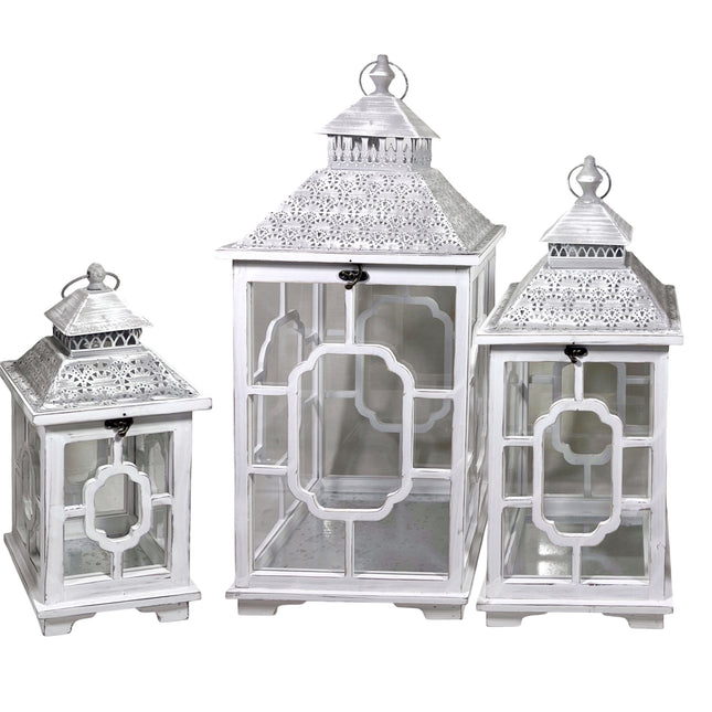Set 3 Wooden Lantern w Metal Roof 76cm.