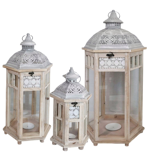 Set 3 Wooden Lantern w White Metal Top 76cm.