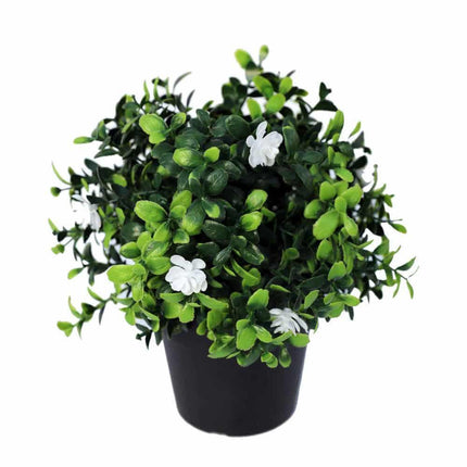 Small Potted Artificial Flowering Boxwood Plant UV Resistant 20cm.