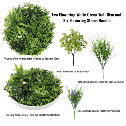 Two Flowering White Green Wall 50cm Discs and Six Flowering Stems Bundle.