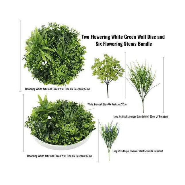 Two Flowering White Green Wall 50cm Discs and Six Flowering Stems Bundle.