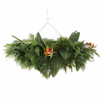 Artificial Hanging Plant Arrangement With Tropical Flowers in a Rectangular Arrangement 100cm x 30cm Mesh + Foliage.