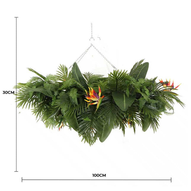 Artificial Hanging Plant Arrangement With Tropical Flowers in a Rectangular Arrangement 100cm x 30cm Mesh + Foliage.