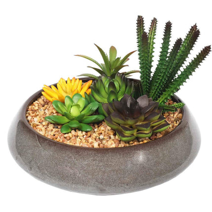 Potted Artificial Succulents with Round Decorative Bowl 19cm.