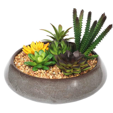 Potted Artificial Succulents with Round Decorative Bowl 19cm.