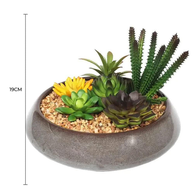 Potted Artificial Succulents with Round Decorative Bowl 19cm.