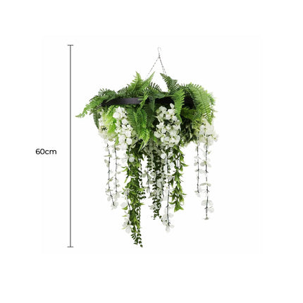 Black Framed Roof Hanging Disc With Draping Life-Like Wisteria Flowers UV Resistant 60cm.