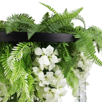 Black Framed Roof Hanging Disc With Draping Life-Like Wisteria Flowers UV Resistant 60cm.