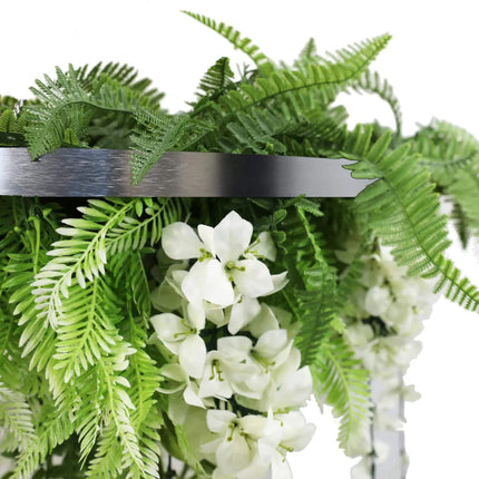 Silver Framed Roof Hanging Disc With Draping Life-Like Wisteria Flowers UV Resistant 60cm.