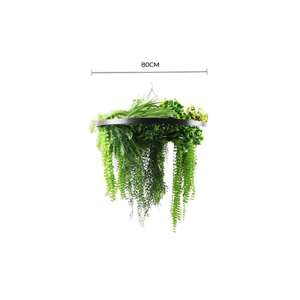 Black Framed Roof Hanging Disc With Draping Life-Like Ferns and Plants 80cm UV Resistant.