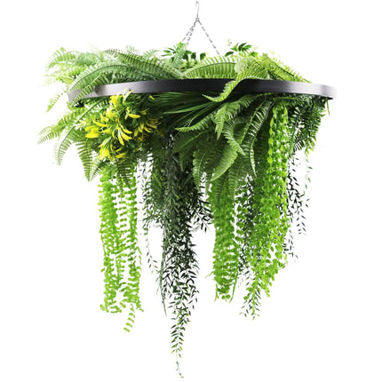 Black Framed Roof Hanging Disc With Draping Life-Like Ferns and Plants 80cm UV Resistant.