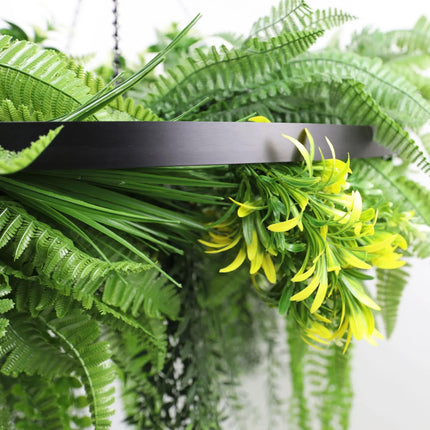 Black Framed Roof Hanging Disc With Draping Life-Like Ferns and Plants 80cm UV Resistant.