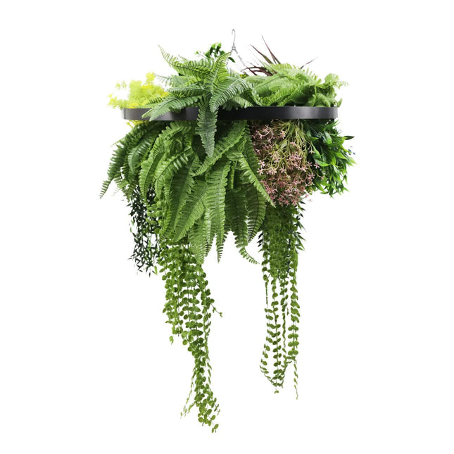 Black Framed Roof Hanging Disc With Tropical Foliage Mix and Draping Stems 60cm UV Resistant.
