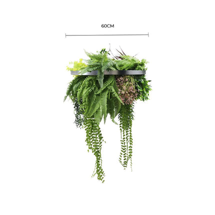 Black Framed Roof Hanging Disc With Tropical Foliage Mix and Draping Stems 60cm UV Resistant.