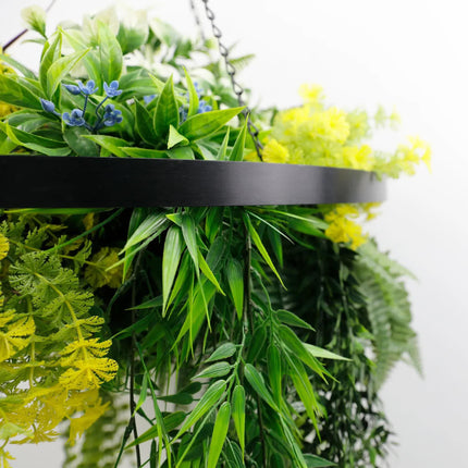 Black Framed Roof Hanging Disc With Tropical Foliage Mix and Draping Stems 60cm UV Resistant.
