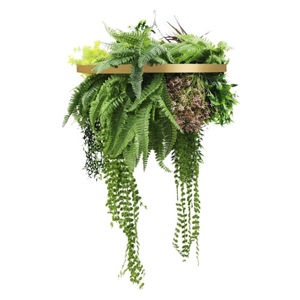Gold Framed Roof Hanging Disc With Tropical Foliage and Draping Ferns 60cm UV Resistant.
