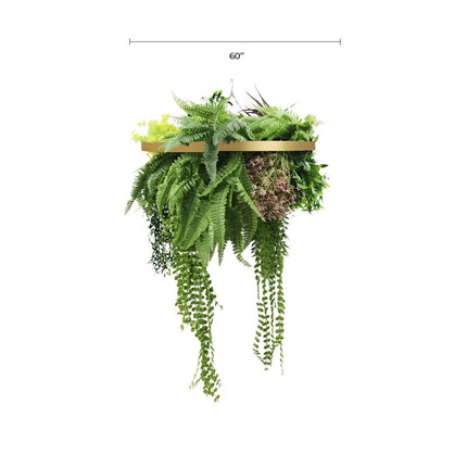 Gold Framed Roof Hanging Disc With Tropical Foliage and Draping Ferns 60cm UV Resistant.