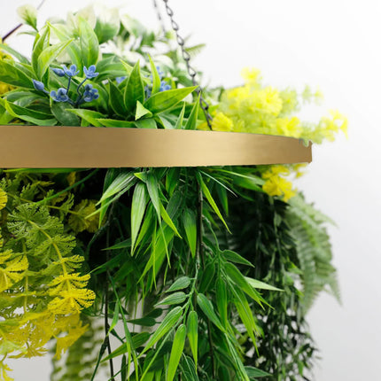 Gold Framed Roof Hanging Disc With Tropical Foliage and Draping Ferns 60cm UV Resistant.