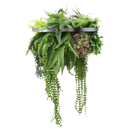 Silver Framed Roof Hanging Disc With Tropical Foliage Mix and Draping Stems 60cm UV Resistant.