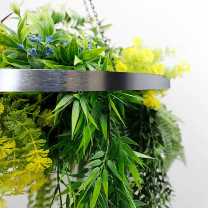 Silver Framed Roof Hanging Disc With Tropical Foliage Mix and Draping Stems 60cm UV Resistant.