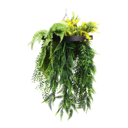 Black Framed Hanging Disc with Bright Tropical Foliage and Draping Ferns 40cm UV Resistant.